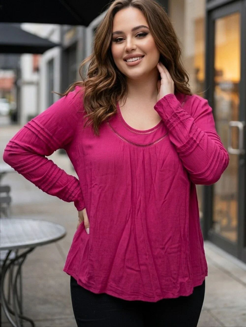 Hot Pink Crinkle Gauze Blouse Ladder Lace Long Sleeve Plus Size 18W 20W Cato